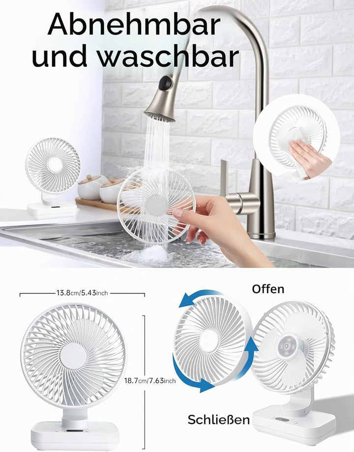 Mini Ventilator Oszillierend Ultra Leise, 4000mAh Akku Klein Tischventilator(4-13h), 4 Geschwindigke