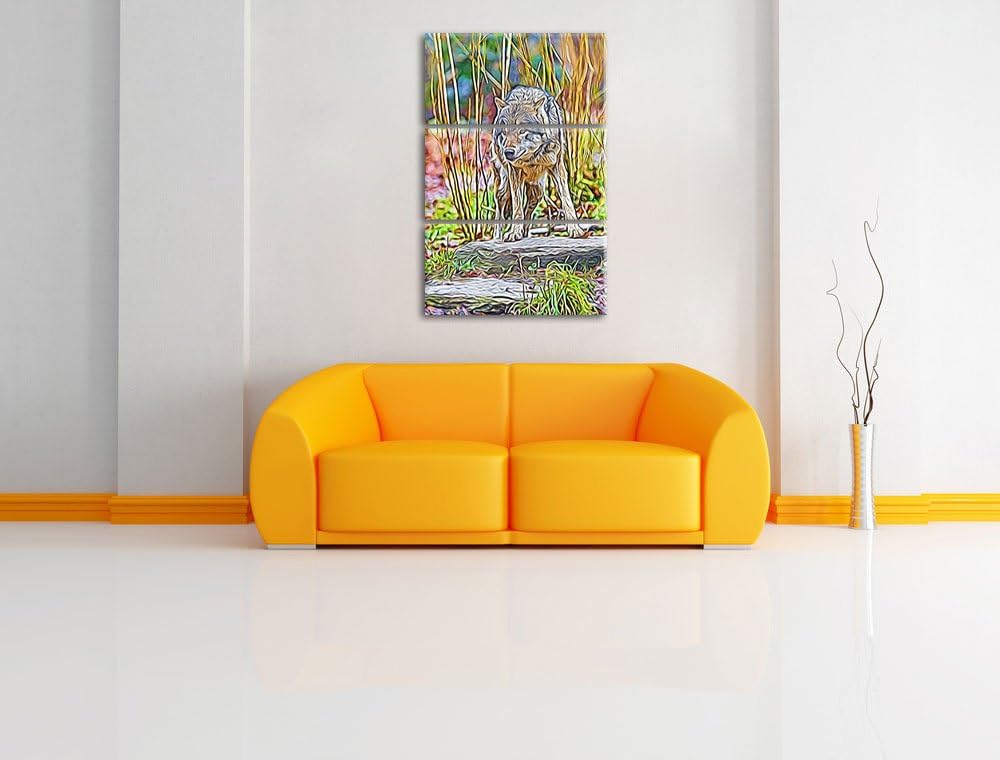 lauernder Wolf Spezial 3-Teiler Leinwandbild 120x80 Bild auf Leinwand, XXL riesige Bilder fertig ger