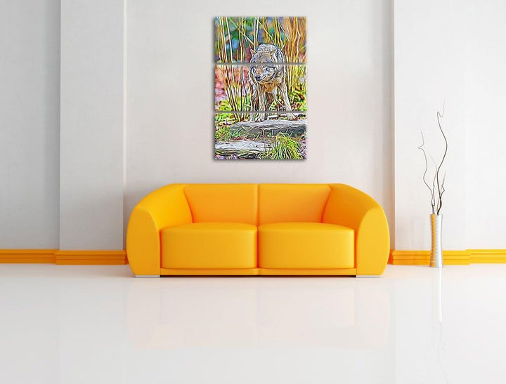 lauernder Wolf Spezial 3-Teiler Leinwandbild 120x80 Bild auf Leinwand, XXL riesige Bilder fertig ger