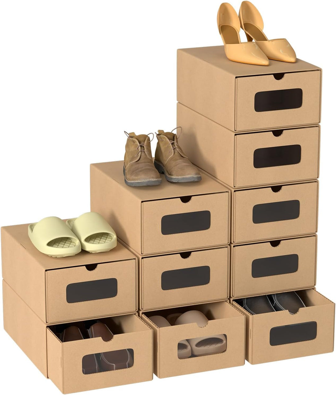35×23×13 cm - 30x Schuhaufbewahrung Reinbraun mit Sichtfenster – Faltbare Schuhbox aus Kraftpapier,