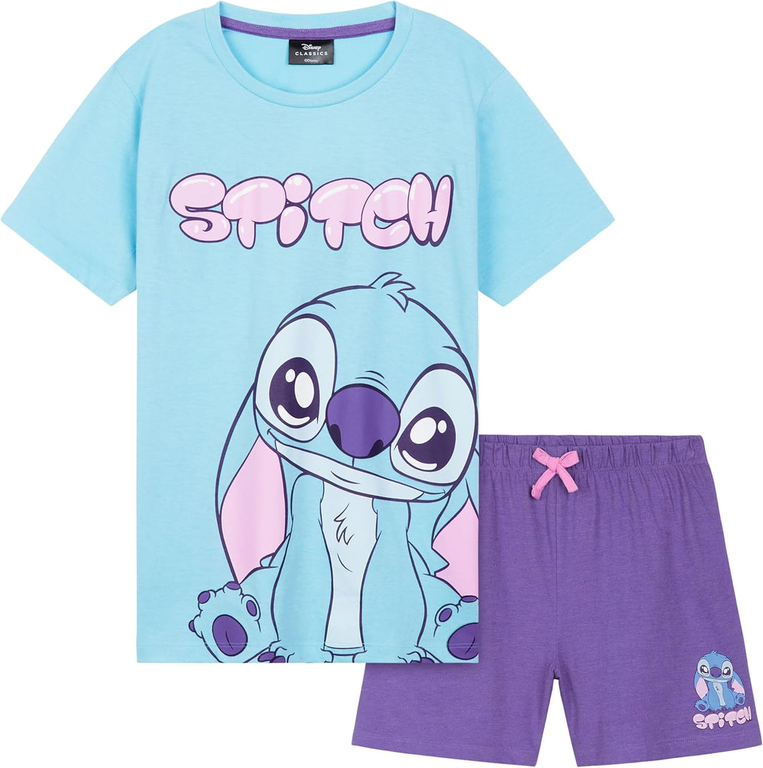 Disney Stitch Schlafanzug Mädchen Kurz, Pyjama T-Shirt & Shorts - Stitch Sachen 6-7 Jahre Blau/Lila