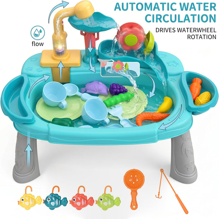 Spielwaschbecken mit fliessendem Wasser, 3-in-1-Spass-Baby-Wassertisch, Waschen und Angeln, vorgetäu