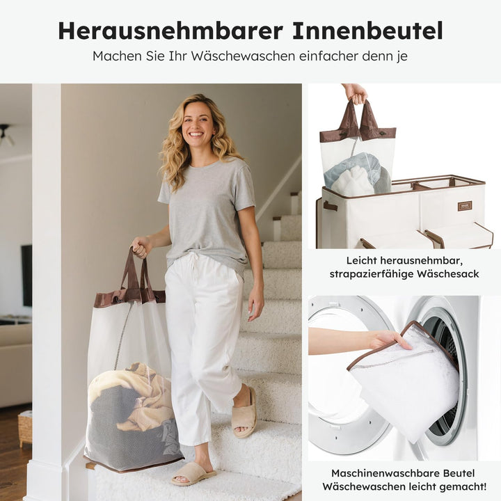 SOLEDI 220L Wäschekorb mit Deckel, Wäschesammler 3 Fächer mit 2 Seitentaschen, Laundr Baskets mit 3