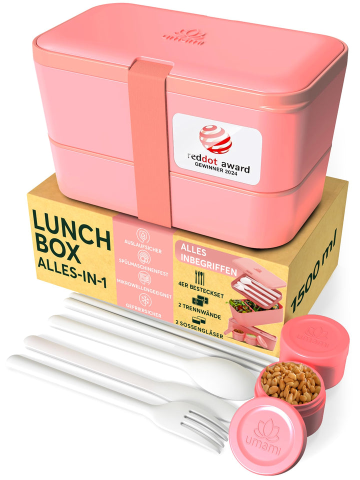 Umami Lunchbox Erwachsene, Verschachtelbar Auslaufsichere Bento Box mit 4 Bestecke & Fächern, Brotdo
