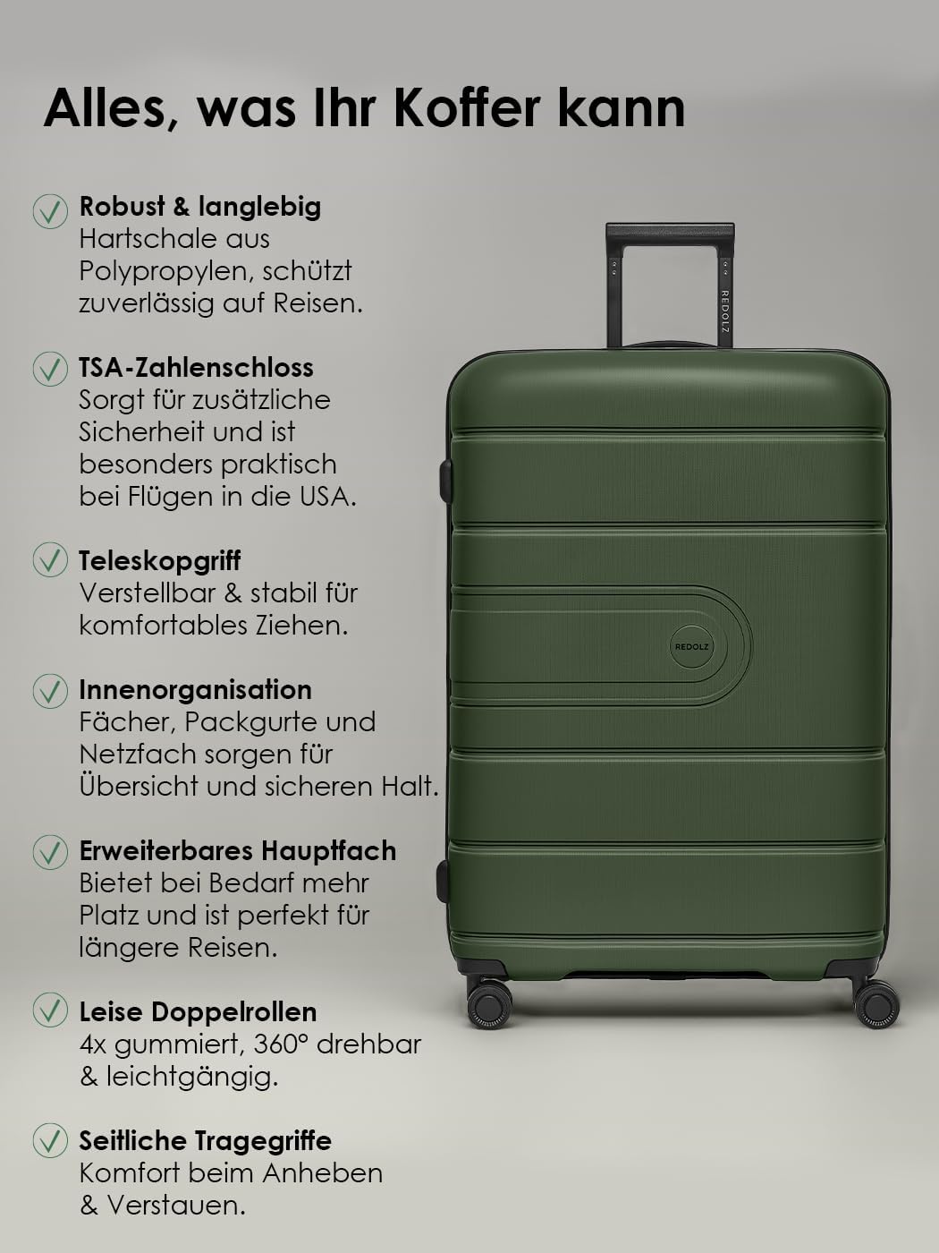 REDOLZ Hartschalen Check-in Koffer | Grosser XL Trolley 51 x 32 x 76 cm mit Dehnfalte aus hochwertig