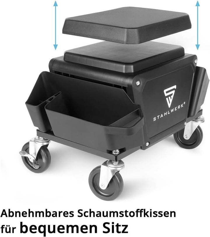 STAHLWERK Werkstatthocker – rollbarer Werkstattsitz MMH-135 ST bis 135 kg | Grosser Werkzeug-Organiz