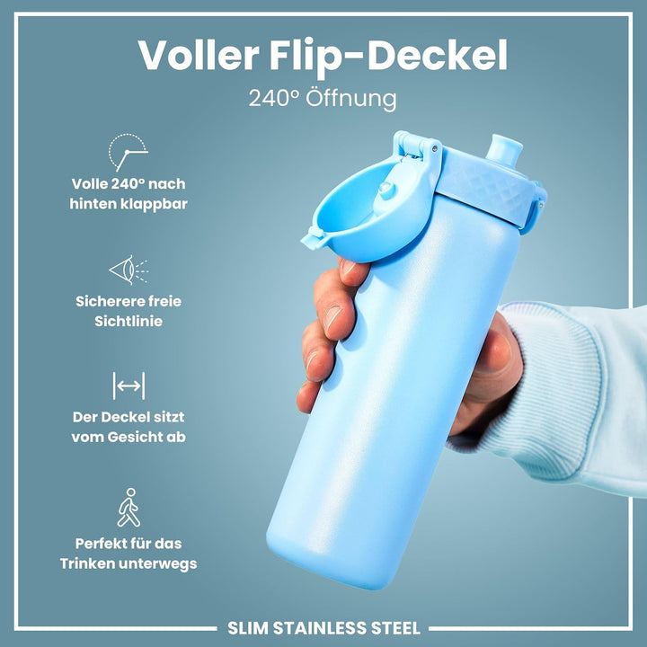 Ion8 Stahl-Trinkflasche, 600 ml, Auslaufsicher, Einhandöffnung, Sichere Verriegelung, Spülmaschinenf