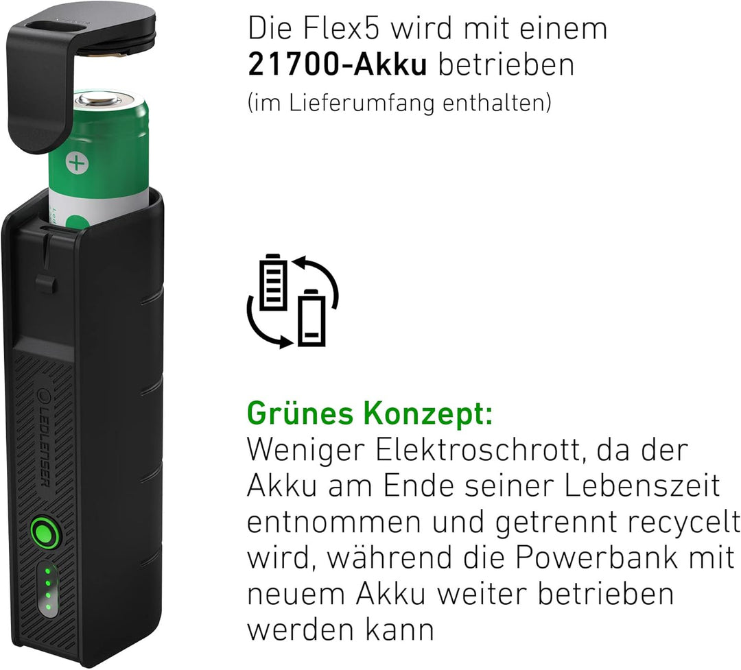Ledlenser Flex5 Powerbank, 6-in-1-Powerbank, Kurze Ladezeit, 21700-Akku enthalten, Kurzschluss-siche