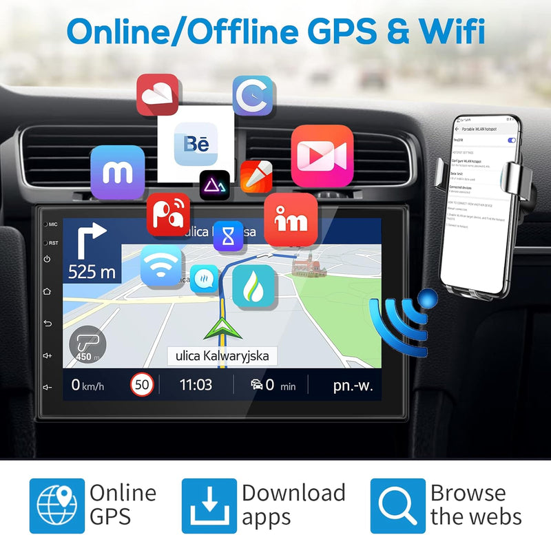 Android 11 Doppel-Din Autoradio Navi mit Apple Carplay Wireless Android Auto 7 Zoll Bildschirm Touch