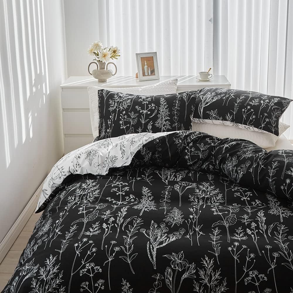 WUMIUER Bettwäsche 135x200 Set 2 Teilig, Schwarz Weiss Pflanze Botanisch Wendebettwäsche Mikrofaser