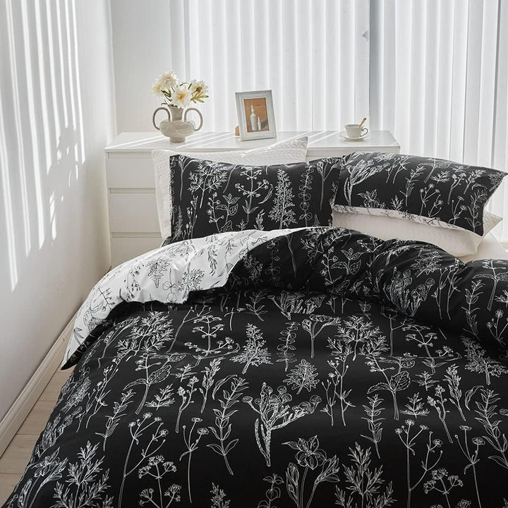 WUMIUER Bettwäsche 135x200 Set 2 Teilig, Schwarz Weiss Pflanze Botanisch Wendebettwäsche Mikrofaser