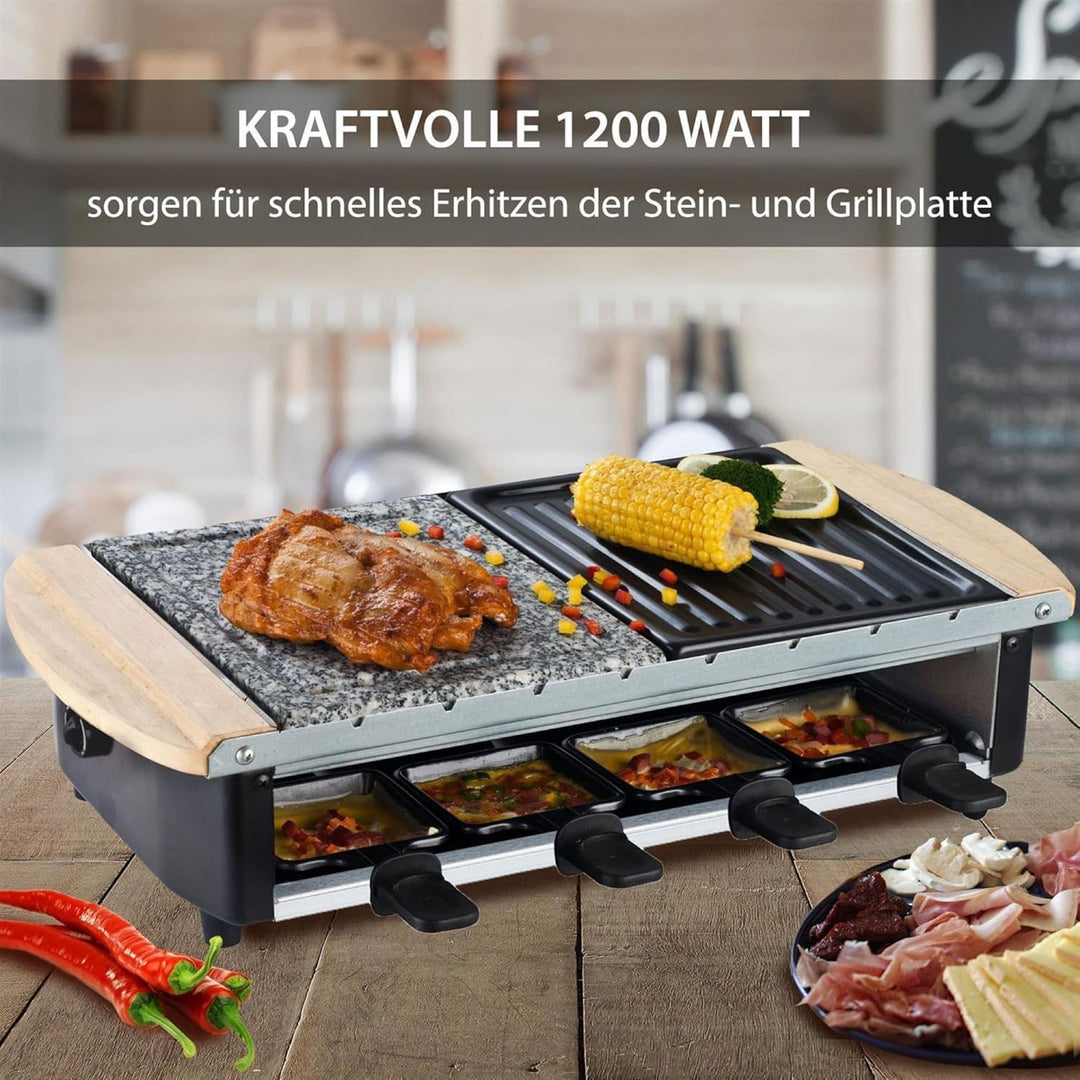 Syntrox Raclette Grill Urilas für 8 Personen, 1200W mit Naturstein und Grillplatte, 8 Antihaftbeschi
