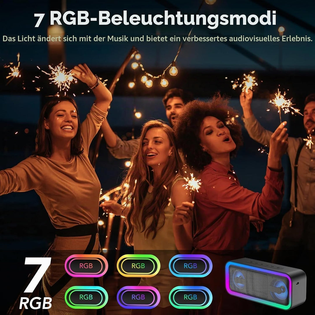 Bluetooth Lautsprecher mit Licht, Musikbox Bluetooth 5.4, 30W Stereo Bass Boost, IPX7 Wasserdicht, 7