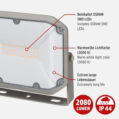 Brennenstuhl LED Strahler AL 2050 (20W, 2080lm, 3000K, IP44, LED Fluter zur Wandmontage mit warmweis