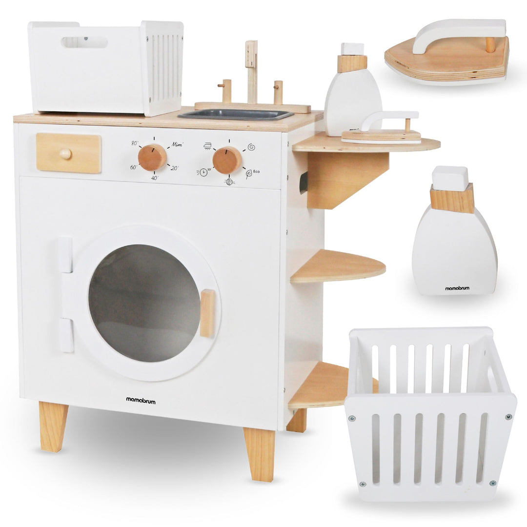 Mamabrum MAM163 Kinder-Waschmaschinen-Set aus Holz, Spielzeug-Einbauwaschmaschine mit Bügeleisen & W