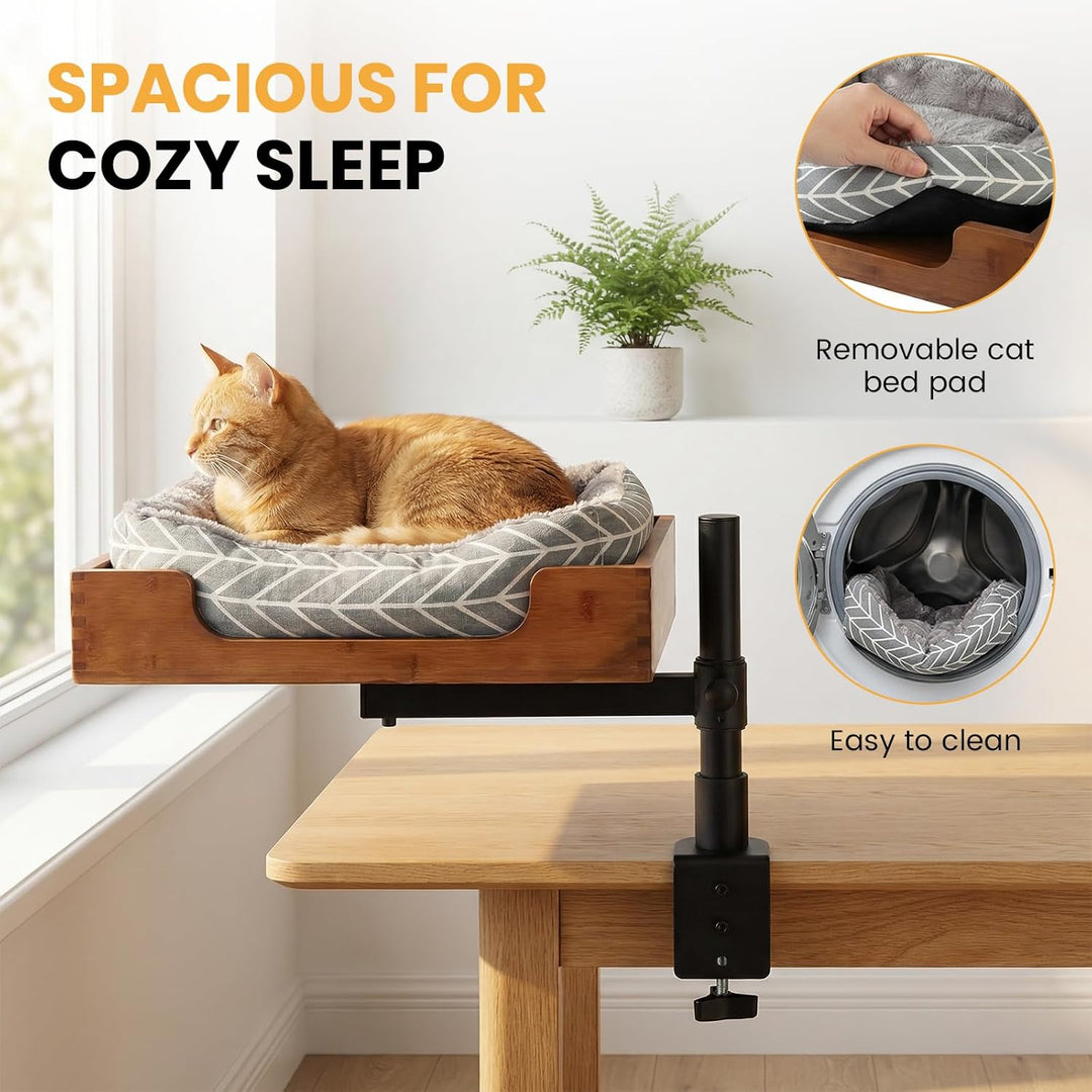 Hivexagon Elegantes Katzenbett mit Schreibtisch und Bambusgestell, inklusive weicher Einstreu. Stabi