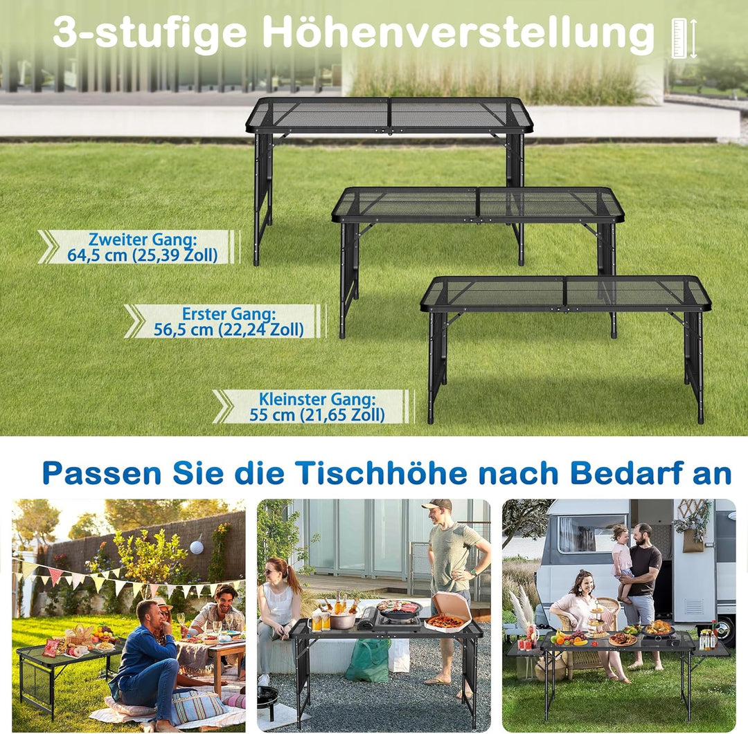 Tragbarer Campingtisch 120x60cm, Höhenverstellbar & Klappbar Gartentisch mit Metallgitterplatte, Erw