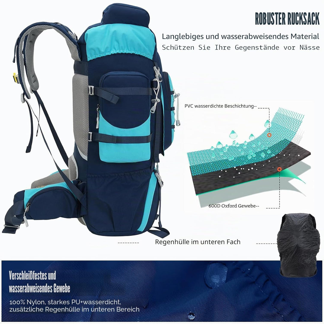 Bseash 70L (65+5) Wasserdichter Wanderrucksack mit Regenschutz, Outdoor-Sport, Reisen, Tagesrucksack