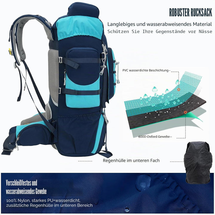 Bseash 70L (65+5) Wasserdichter Wanderrucksack mit Regenschutz, Outdoor-Sport, Reisen, Tagesrucksack
