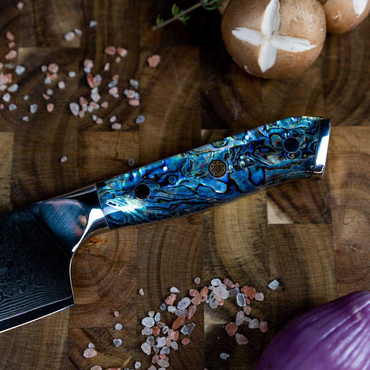 Tsume Santoku Messer Abalone, Klingenlänge 19cm, Echtes Damast Küchenmesser mit Perlmuttplatten, 67