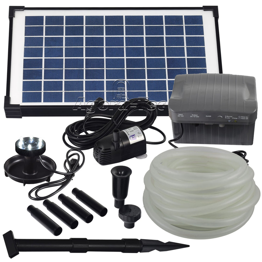 Agora-Tec® at-Solar Bachlaufpumpen - Set 10W-BLH mit Akku und 6- Fach LED Ring inklusive 9 Meter Bac
