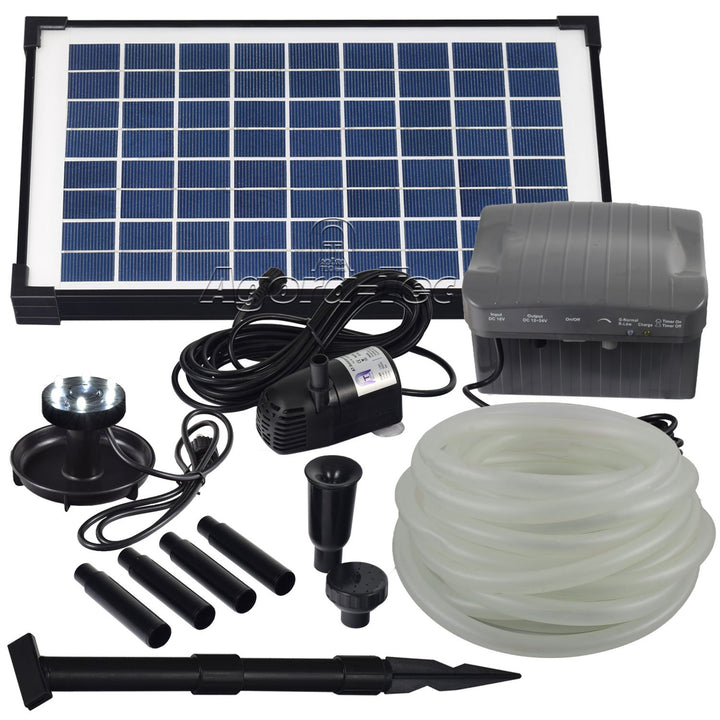 Agora-Tec® at-Solar Bachlaufpumpen - Set 10W-BLH mit Akku und 6- Fach LED Ring inklusive 9 Meter Bac