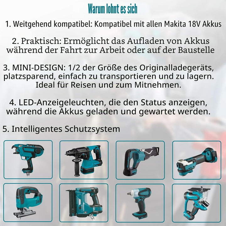 Mini Auto ladegerät für Makita 18V Akku, tragbares Schnellladegerät für das Auto, 1/4 Grösse des DC1