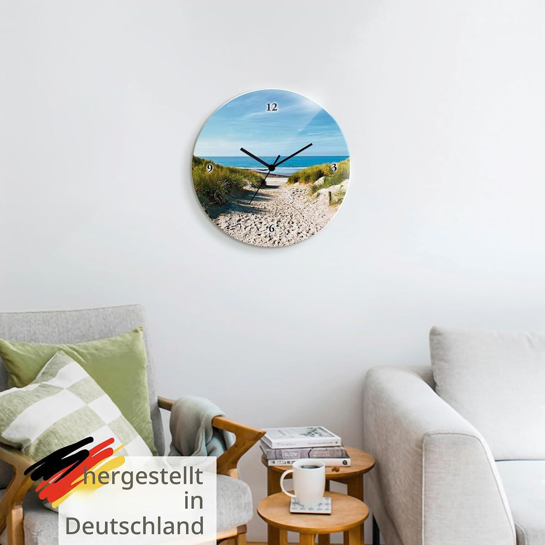 ARTLAND Wanduhr ohne Tickgeräusche Glas Funkuhr Ø 30 cm Rund Lautlos Strand Sanddünen Weg zur See St