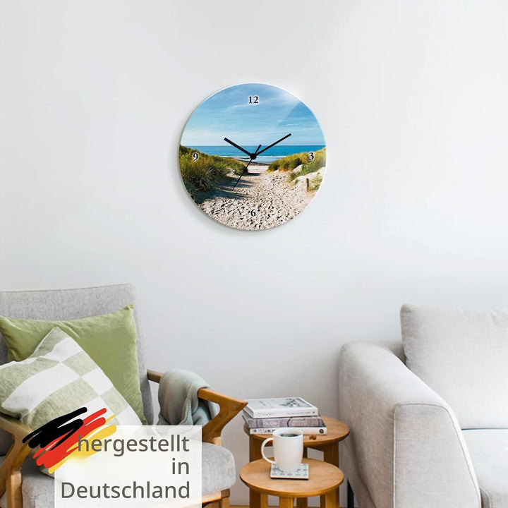 ARTLAND Wanduhr ohne Tickgeräusche Glas Funkuhr Ø 30 cm Rund Lautlos Strand Sanddünen Weg zur See St