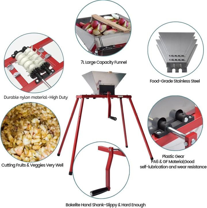SQUEEZE master 7L Obstmühle mit Ständer, Edelstahl Apfelpresse, 7 Liter Handmühle, Edelstahltrichter