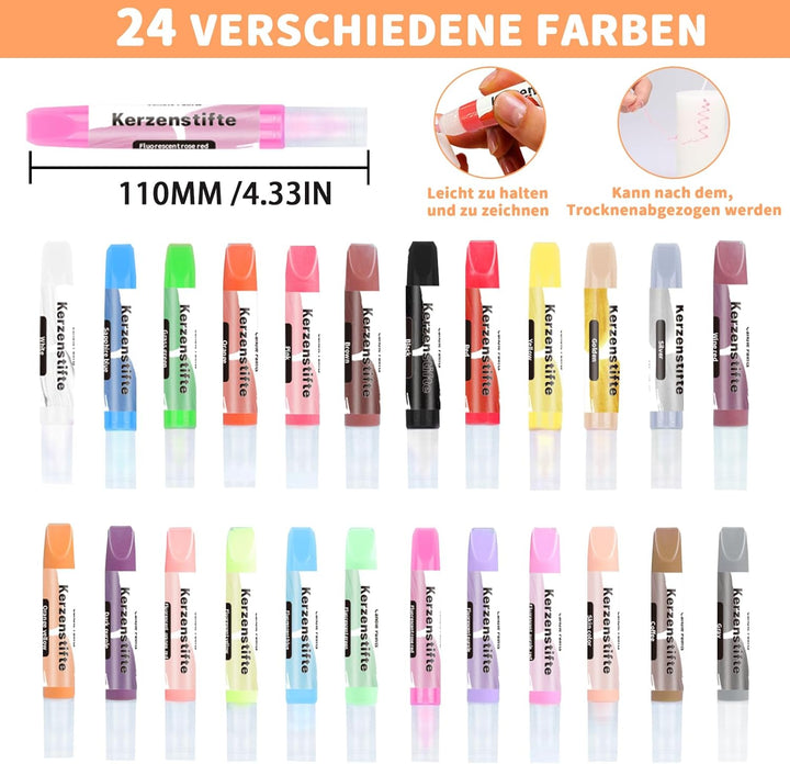 24 Stück Wachsstifte für Kerzen, Kerzenstifte, KerzenBemalen Set Leuchtende Kerzenfarben Taufkerze S
