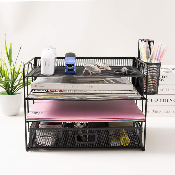 4-Trays Desktop File Organizer, Mesh Office Desk Supplies Organizer Dokument Brieffachhalter mit Sch