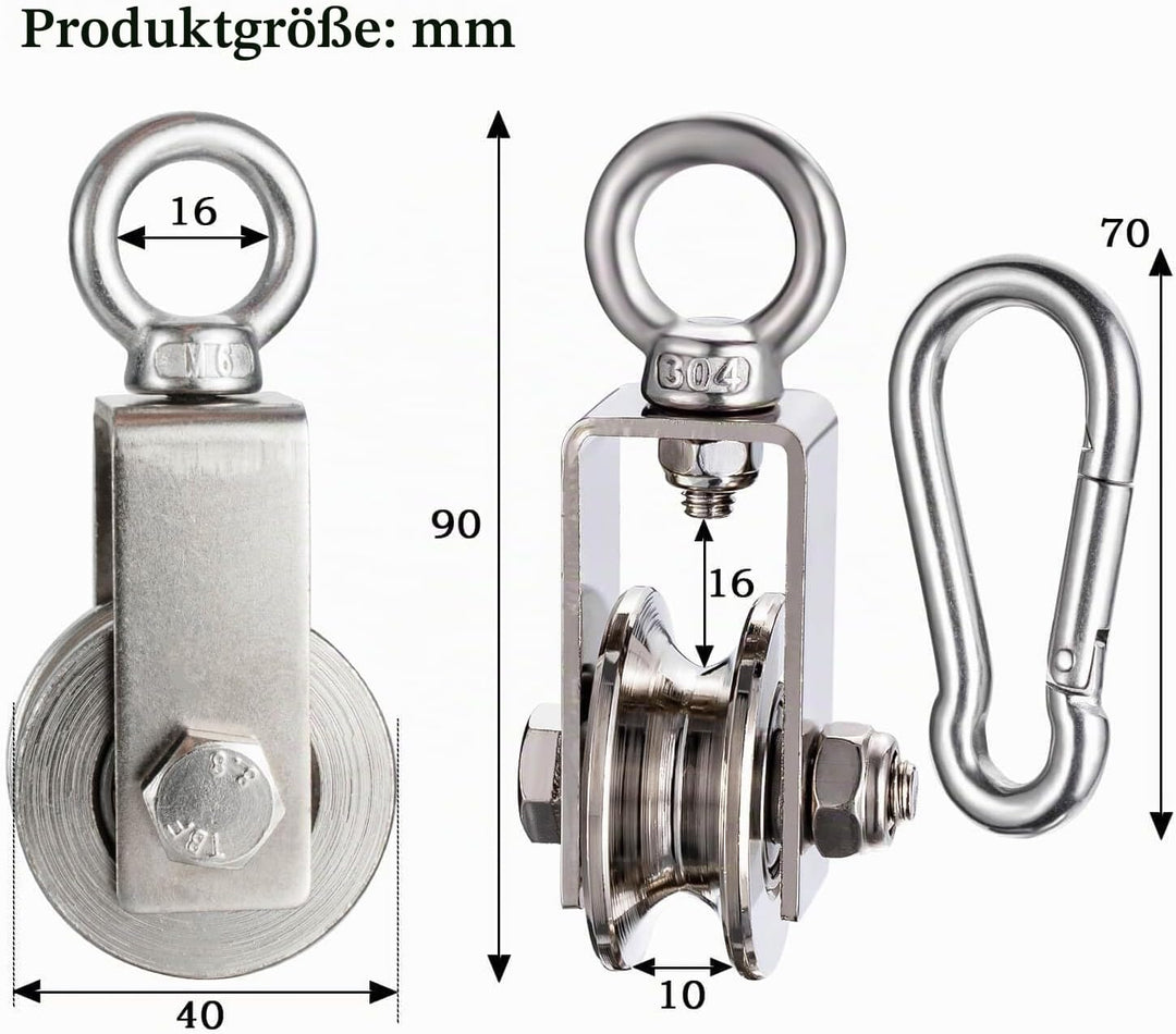 40mm Umlenkrolle mit 2 Kugellager, Edelstahl Fitness flaschenzug mit 10m Nylon Seile und Clip，Umlenk