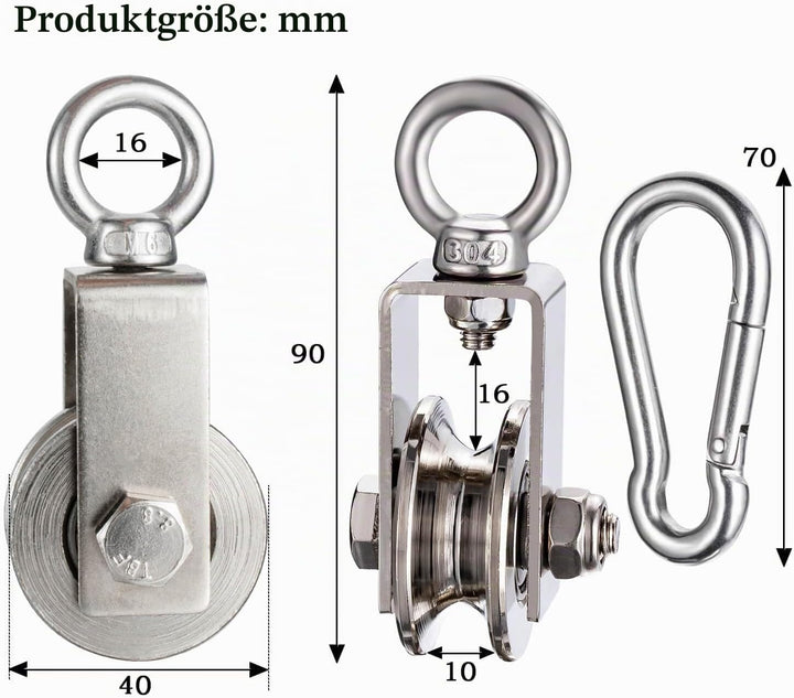 40mm Umlenkrolle mit 2 Kugellager, Edelstahl Fitness flaschenzug mit 10m Nylon Seile und Clip，Umlenk