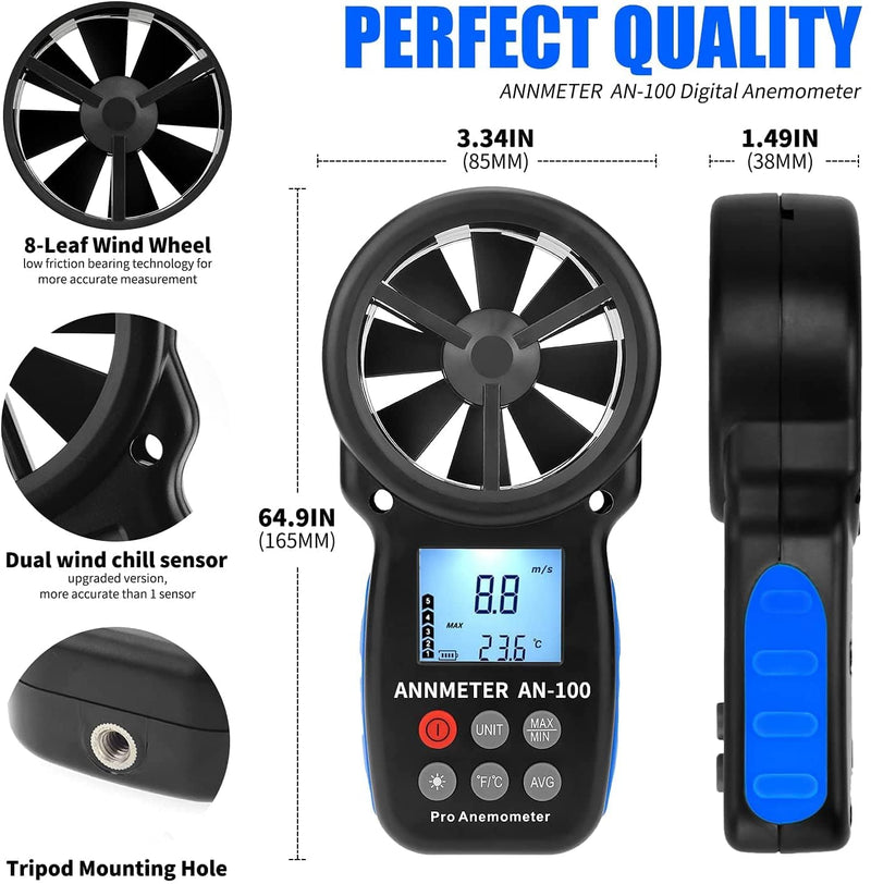 AIOMEST AI-100 Digital Anemometer, Windmesser Windmessgerät Handheld, Windmesser CFM Wind Speed Mete
