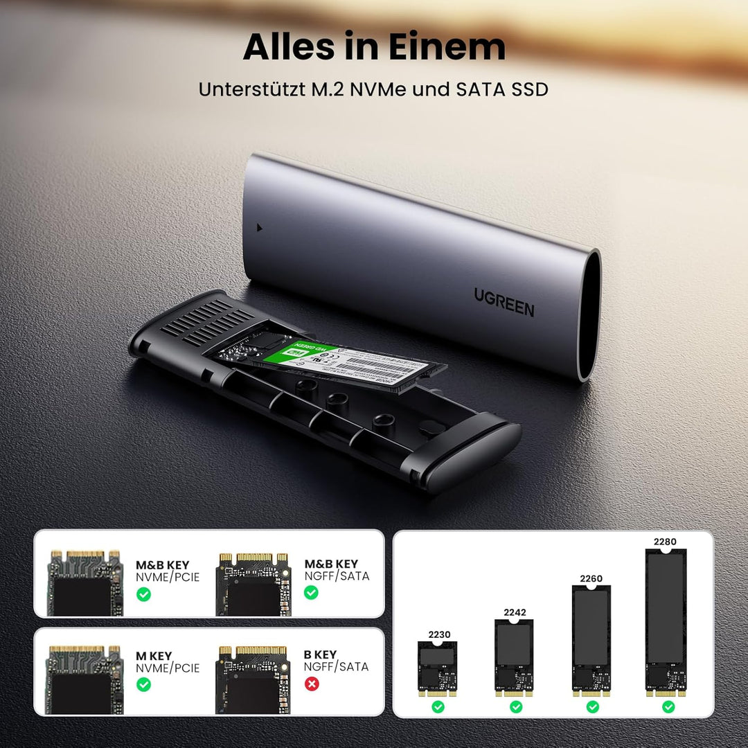 UGREEN M.2 SSD Adapter SSD Gehäuse M2 Gehäuse USB 3.2 10 Gbps Gen2 Aluminium M.2 SSD Gehäuse für NVM