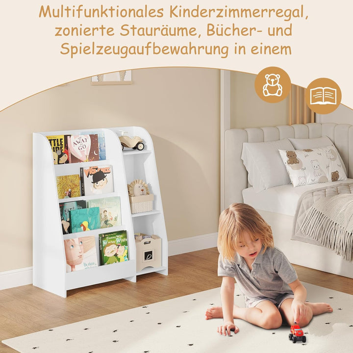 Lestarain Bücherregal Kinder, Montessori Kinderregal, Spielzeugregal, mit 4 Regalebenen und 3 Fächer
