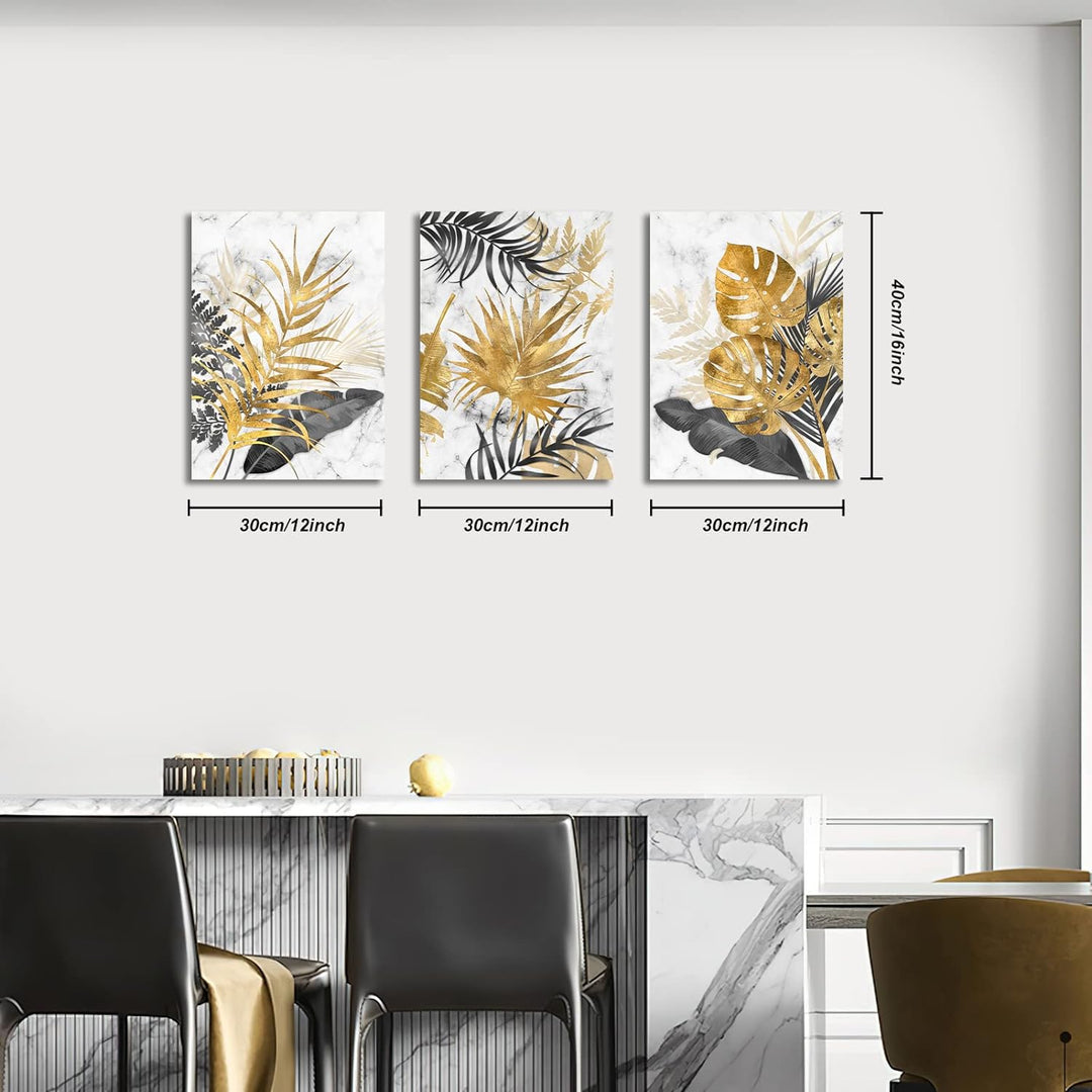 3 Teilig Leinwandbilder Bilder mit Rahmen Abstrakt Grau Gold Blätter bild auf leinwand Wandkunst Mod