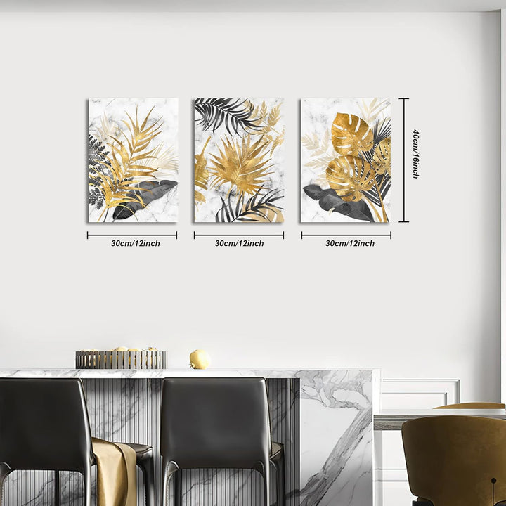 3 Teilig Leinwandbilder Bilder mit Rahmen Abstrakt Grau Gold Blätter bild auf leinwand Wandkunst Mod
