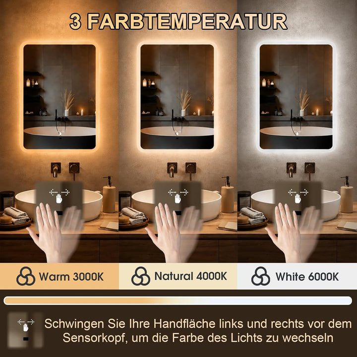 Badspiegel mit Beleuchtung, 60 x 45 cm | Handsensor, 3 Farben, Dimmbar 60L x 45B cm, 60L x 45B cm