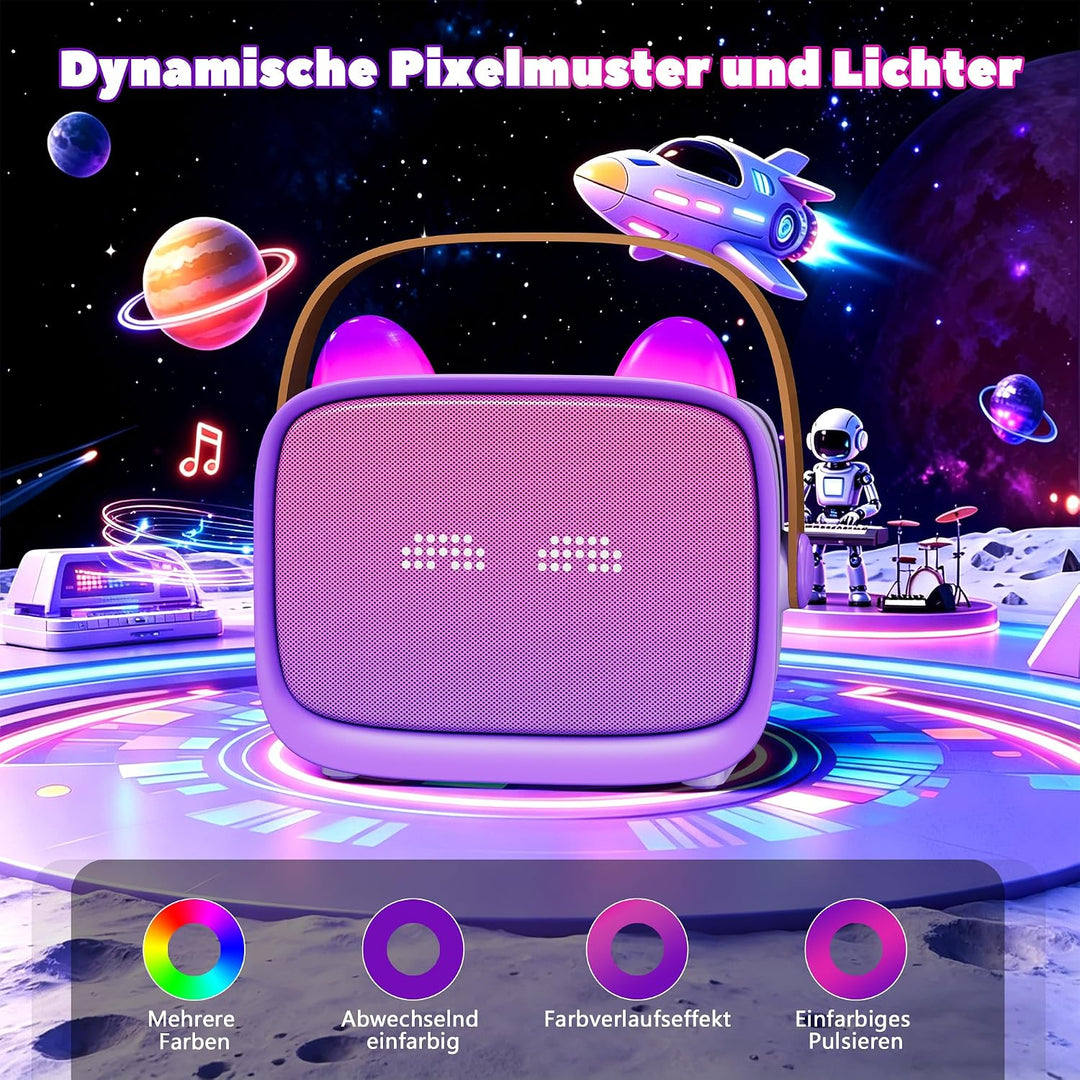 Karaoke Maschine für Kinder mit 2 Kabellosen Mikrofonen, Bluetooth Lautsprecher mit LED Licht, Emoji