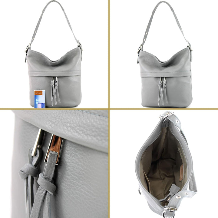 modamoda de - T178 - ital. Umhängetasche Schultertasche aus Leder Graphitgrau, Graphitgrau