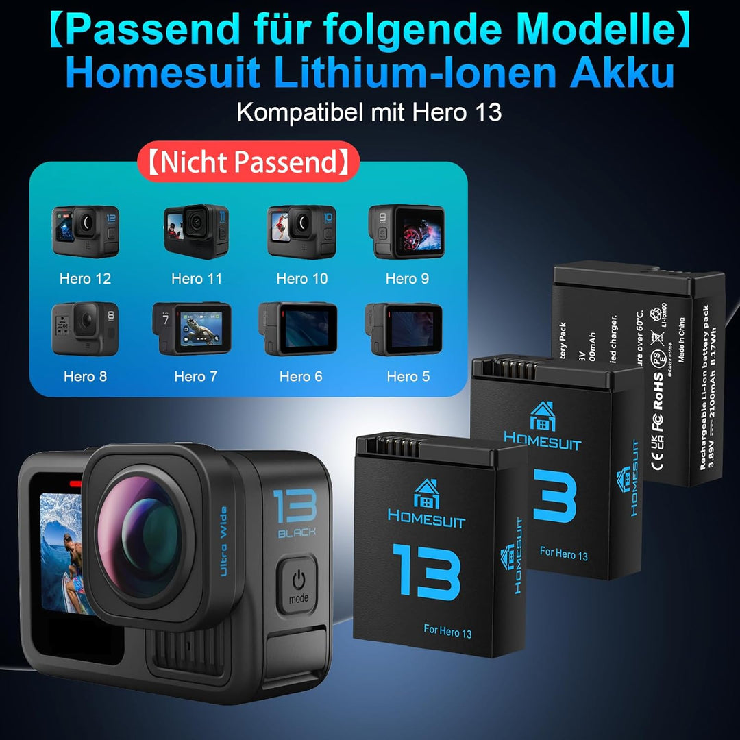Homesuit Hero 13 Akku 2100mAh und LED 3-Kanal USB Speicherladegerät für GoPro Hero 13 Black Enduro W