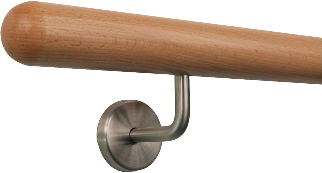 TIBU Buche Geländer Handlauf Treppe Holz Griff gew. Edelstahlhalter, Länge 30-500 cm aus einem Stück