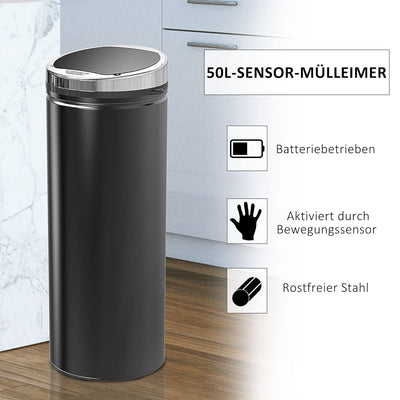 HOMCOM Sensor Mülleimer 50L, Automatischer Abfalleimer, Rostfreier Kücheneimer mit Infrarotsensor, f