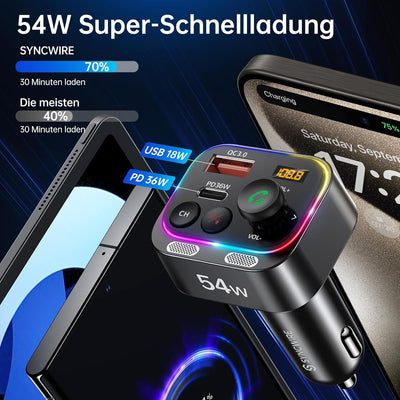 Syncwire Bluetooth 5.4 FM Transmitter Auto Ladegerät 54W PD&QC3.0 USB C Auto Adapter [Schnellladung]