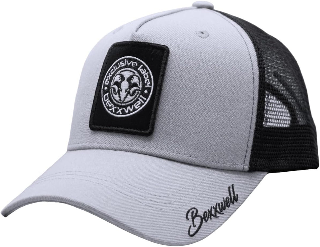 Bexxwell Trucker Cap hellgrau/schwarz mit Logo-Patch (optimale Passform, Kappe, grau, Black, Trucker
