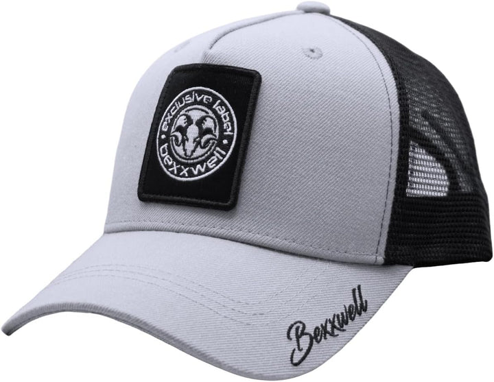 Bexxwell Trucker Cap hellgrau/schwarz mit Logo-Patch (optimale Passform, Kappe, grau, Black, Trucker