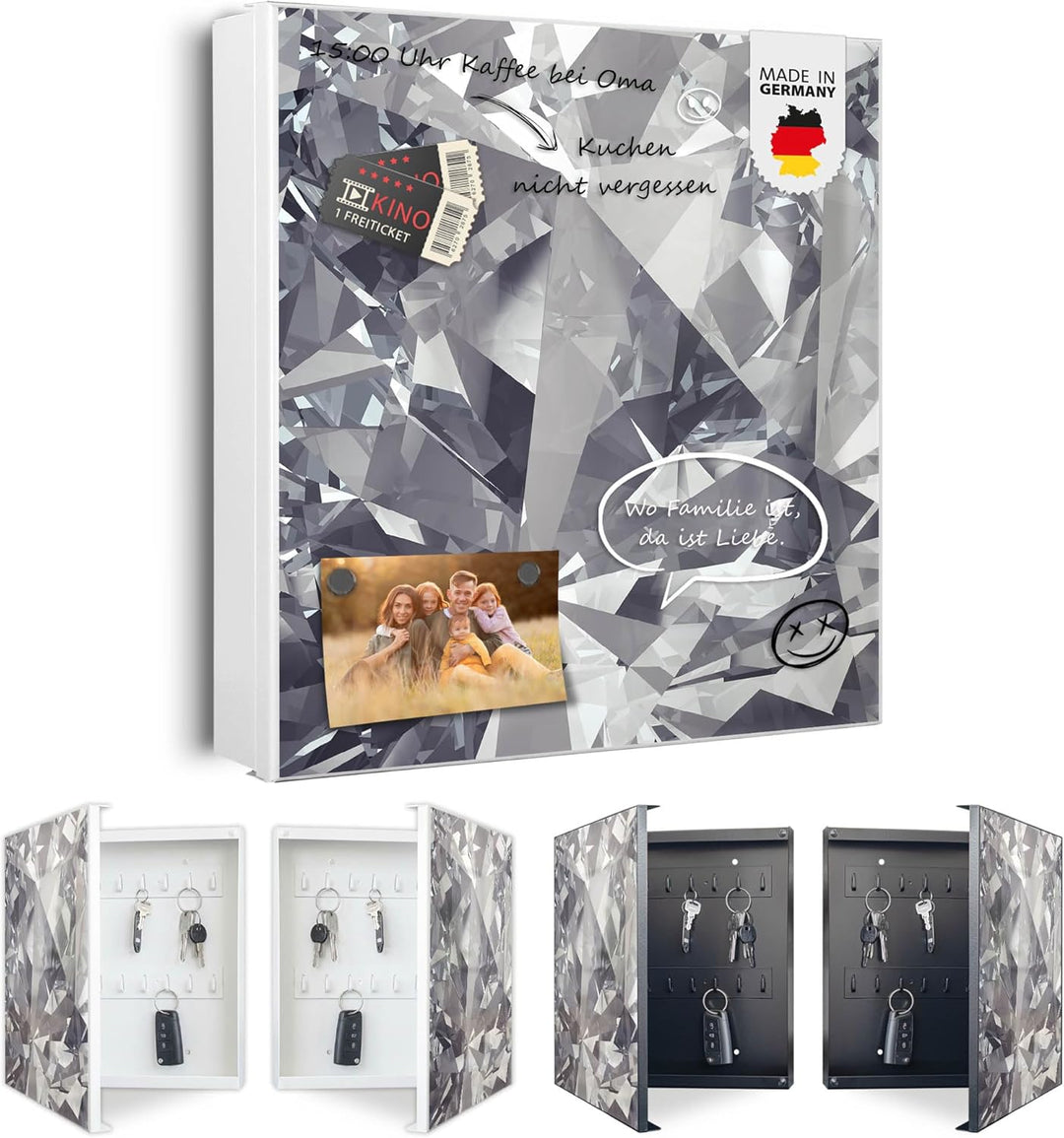banjado® Grosser Schlüsselkasten Glas/Schlüsselbox 30cm x 30cm mit 50 Haken - Motiv Facetten Monochr