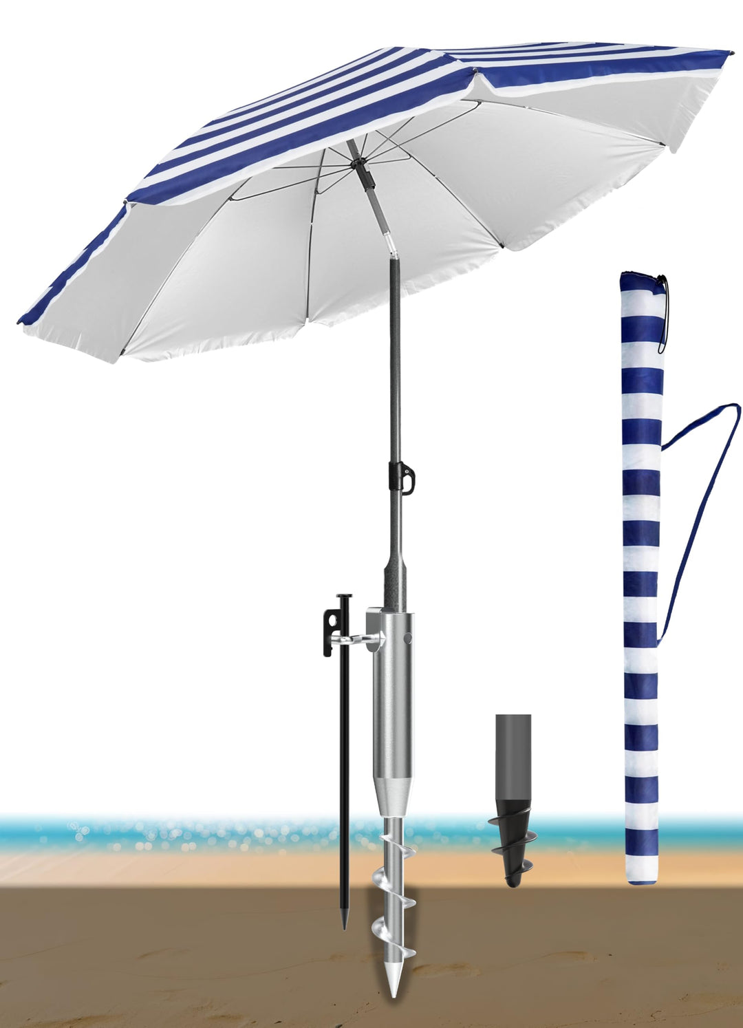 4smile Sonnenschirm Strand Ø 180 cm mit Eindrehbodenhülse, Blau-Weiss | Strandschirm windfest stabil
